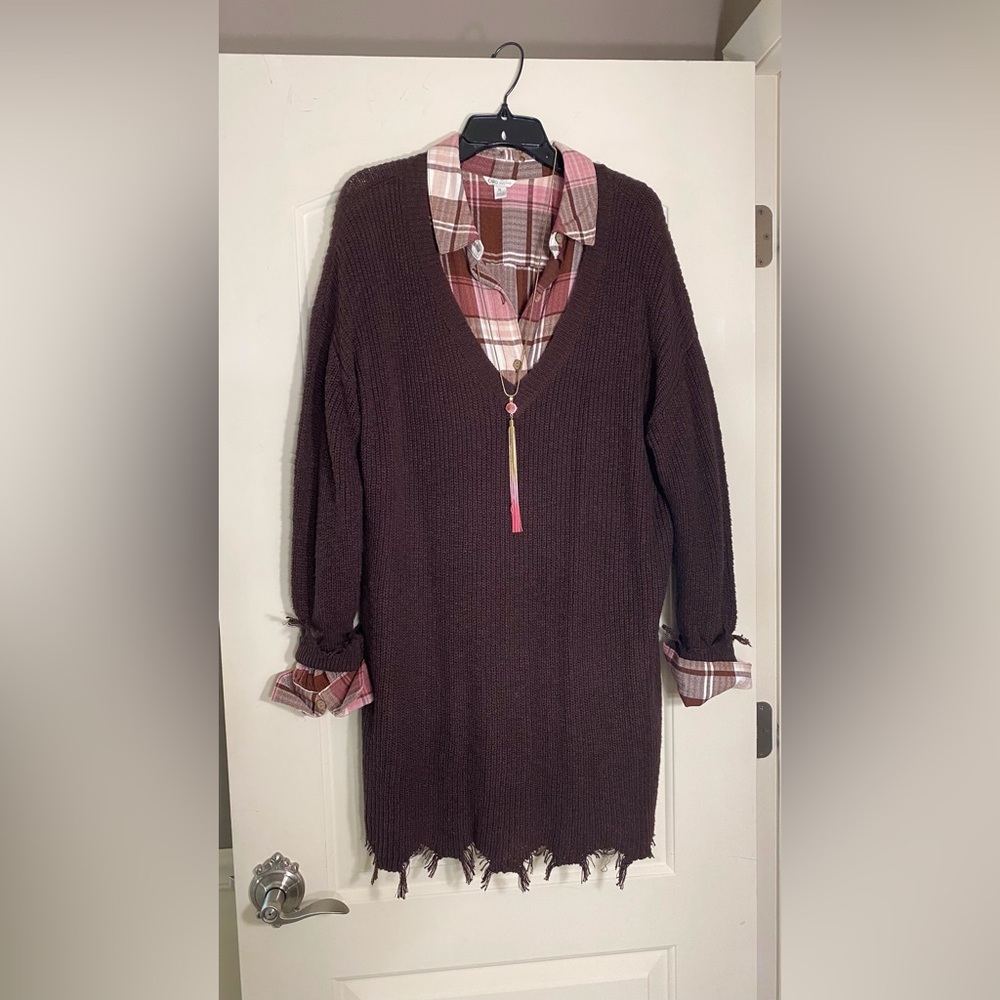 Cato Brown Distressed Sweater Dress with Pink Plaid dress and matching necklace